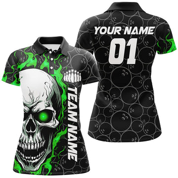 Custom Green Flame Skull Halloween Ladies Bowling Shirt I7102