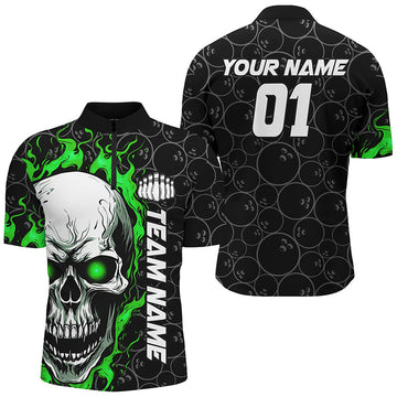 Custom Green Flame Skull Bowling Shirt for Men - Personalised with Name, Team & Number I7102