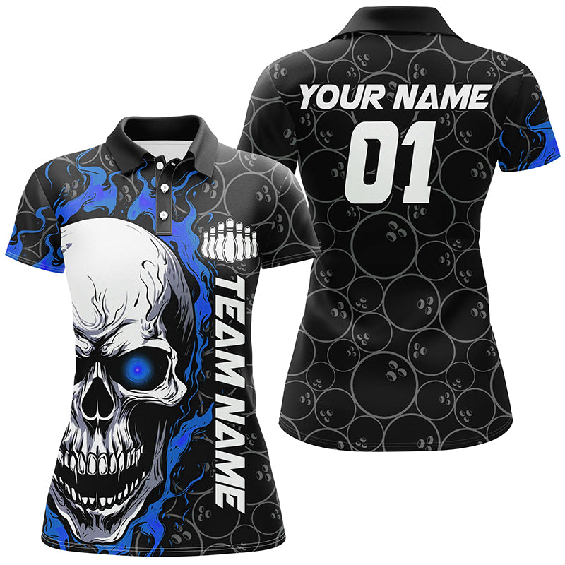 Custom Blue Flame Skull Halloween Ladies Bowling Shirt I7103