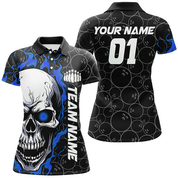 Custom Blue Flame Skull Halloween Ladies Bowling Shirt I7103
