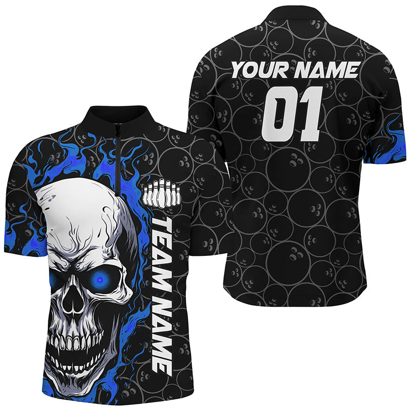 Men's Custom Blue Flame Skull Halloween Bowling Shirt I7103