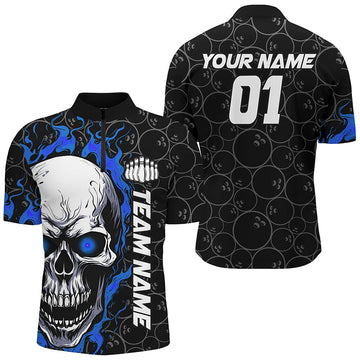 Men's Custom Blue Flame Skull Halloween Bowling Shirt I7103