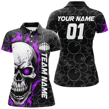 Custom Purple Flame Skull Halloween Ladies Bowling Shirt I7104