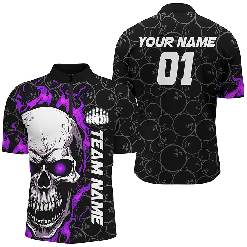 Custom Purple Flame Skull Bowling Shirts for Men I7104