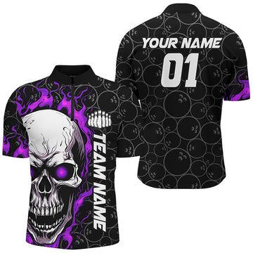 Custom Purple Flame Skull Bowling Shirts for Men I7104