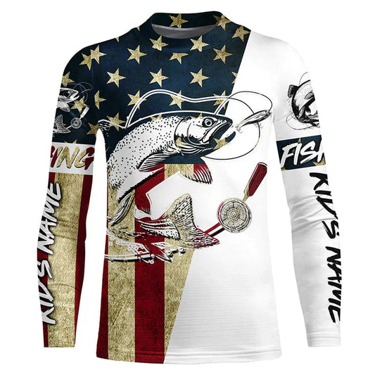 Youth Vintage American Flag Custom Trout Fly Fishing Shirts, Patriotic Trout Fishing Jerseys IPHW6392