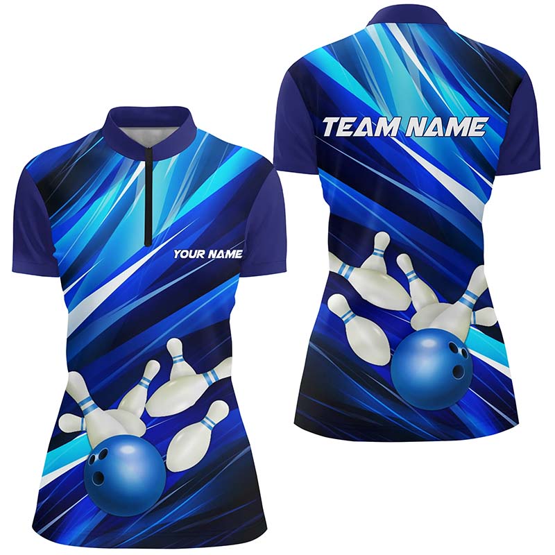 Women's Blue Bowling Quarter Zip Team Shirt I5255