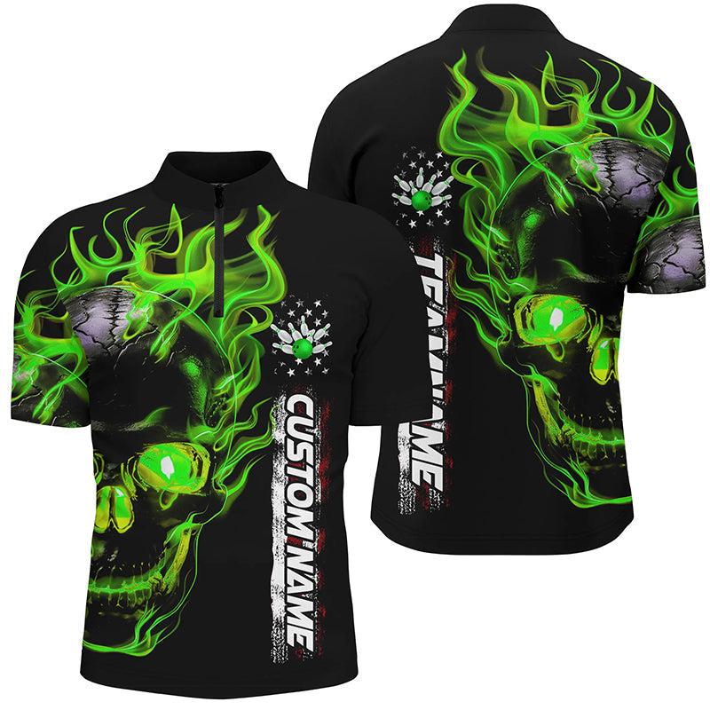 Custom Green Flame Skull Bowling Polo/Quarter-Zip Shirts for Men and Women I6098