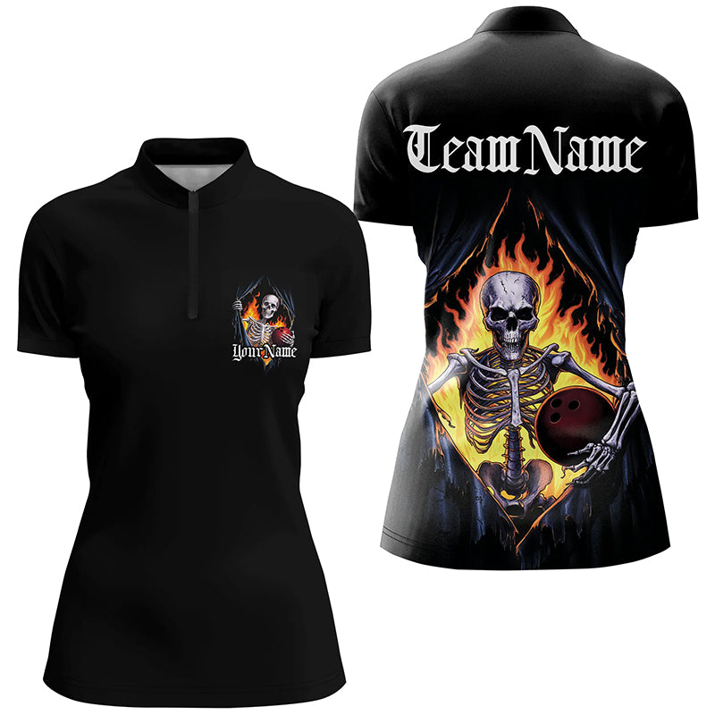 Women's Skull Bowling Polo Quarter Zip Shirt I6805