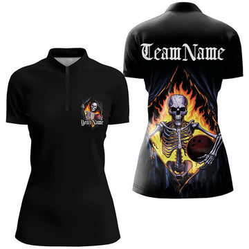 Women's Skull Bowling Polo Quarter Zip Shirt I6805