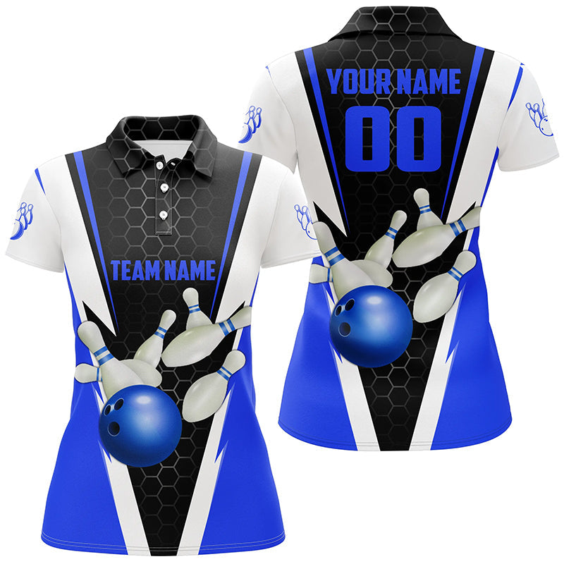 Women's Custom Blue Bowling Polo Shirts with Name & Number I5281