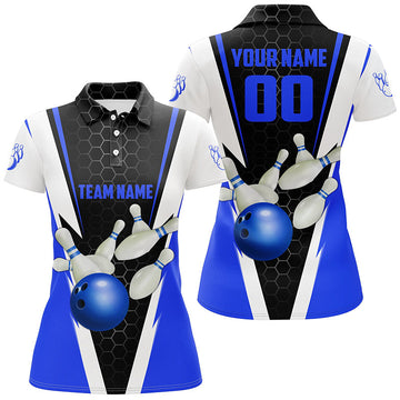 Women's Custom Blue Bowling Polo Shirts with Name & Number I5281