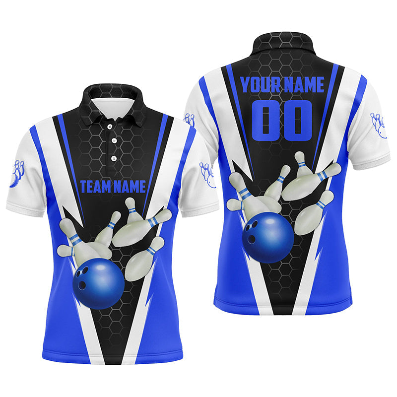 Men's Custom Blue Bowling Polo Shirt with Name & Number I5281