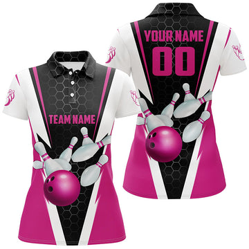 Women's Pink Bowling Polo Shirt with Custom Name & Number I5282
