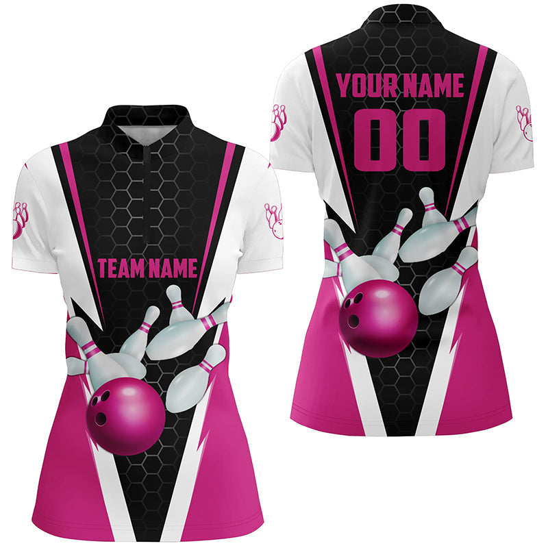 Custom Pink Bowling Ladies Quarter Zip Shirt I5282