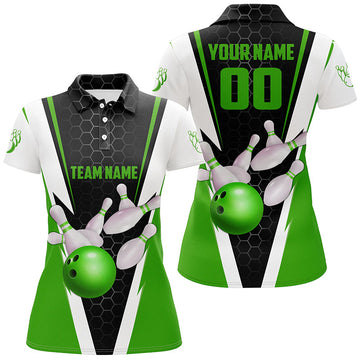Women's Green Strike Bowling Polo Shirt with Custom Name & Number I5283