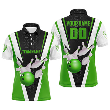 Men's Custom Green Strike Bowling Polo Shirts with Name & Number I5283