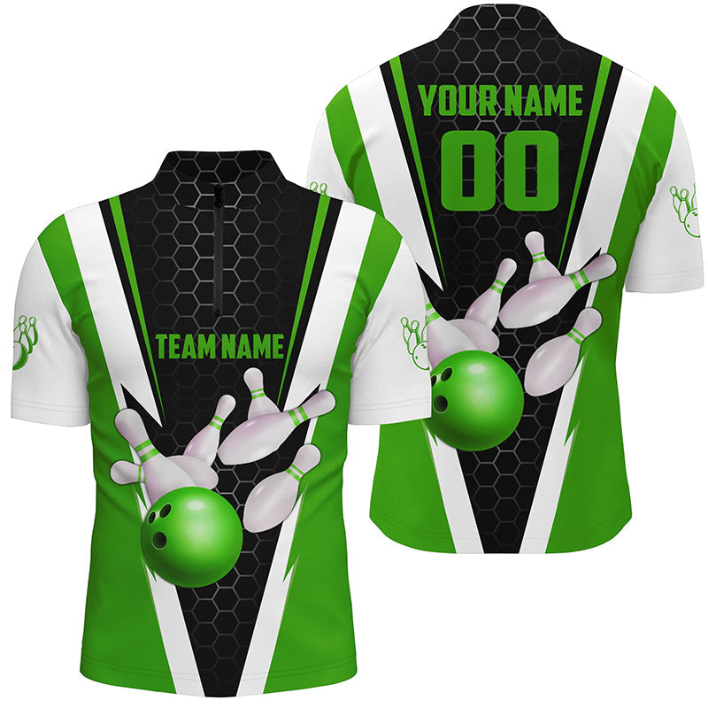 Men's Green Strike Bowling Quarter Zip Shirts with Custom Name and Number I5283