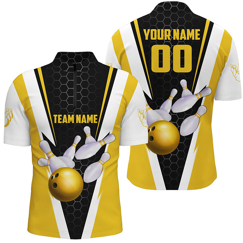 Men's Custom Yellow Bowling Quarter Zip Shirts with Name and Number I5285