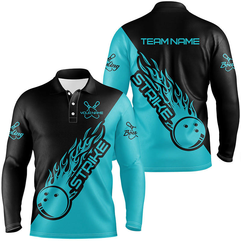 Men's Blue Long Sleeve Flame Bowling Polo Shirt I4289