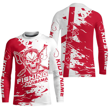 Alabama Fishing Custom Kid Long Sleeve Fishing Shirts, Alabama Flag Skull Fishing Jerseys IPHW7002