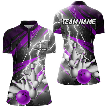 Women's Purple Lightning Strike Bowling Quarter Zip Shirt I6855