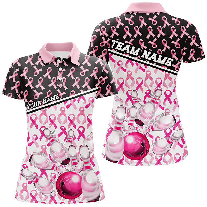 Women's Custom Bowling Shirts - Black & Pink Breast Cancer Awareness I7007