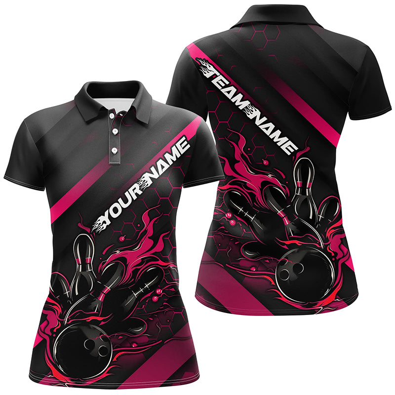 Women's Black & Pink Flame Bowling Shirts I7211