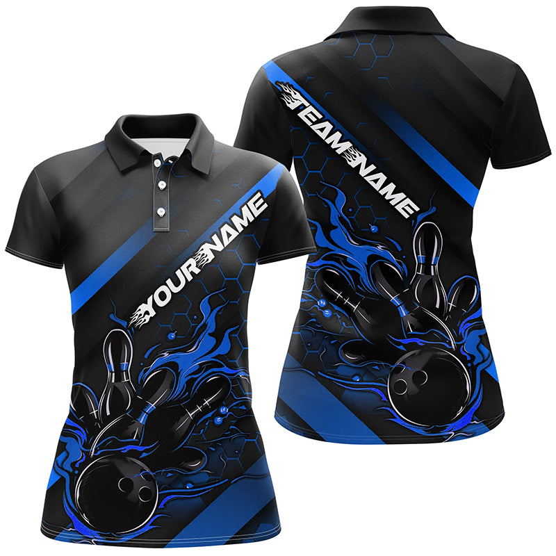 Women's Custom Black & Blue Flame Bowling Shirts I7212