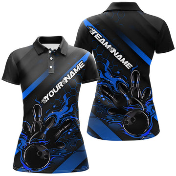 Women's Custom Black & Blue Flame Bowling Shirts I7212