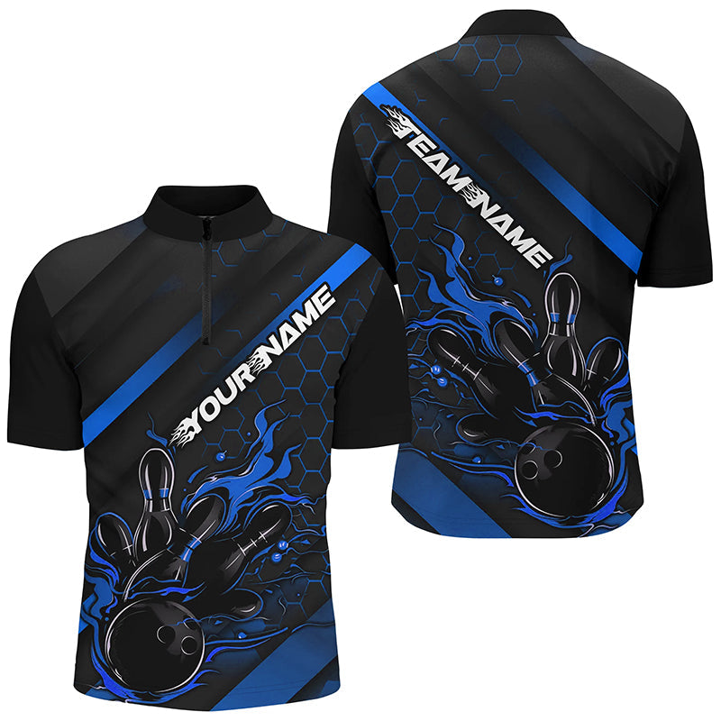 Men's Custom Black & Blue Flame Bowling Shirts I7212