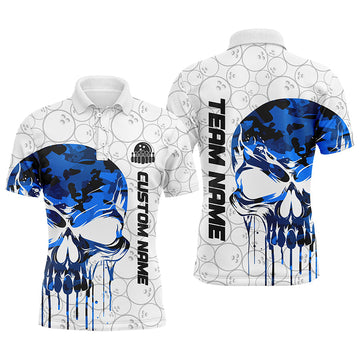 Men's Blue Camo Skull Bowling Polo Shirt I5306