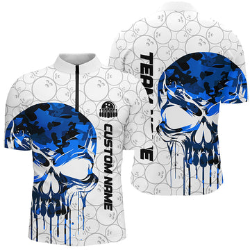 Men's Blue Camo Skull Bowling Quarter Zip Shirt I5306