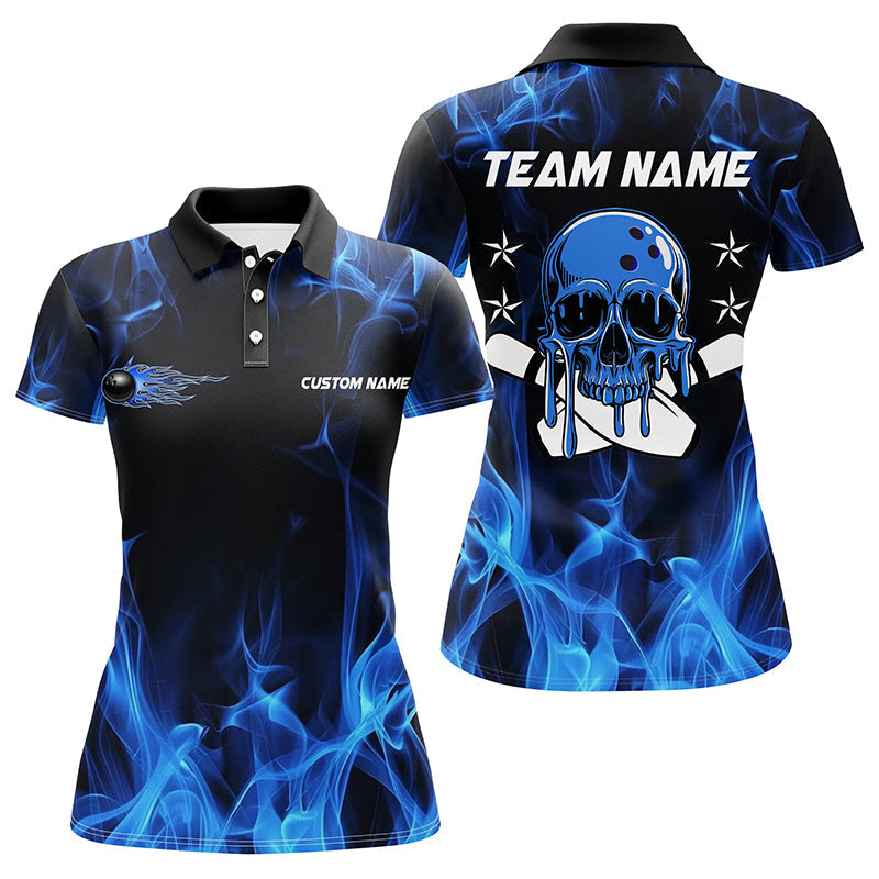 Women's Blue Flame Skull Bowling Polo/Quarter-Zip Shirt I6179