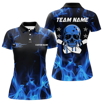 Women's Blue Flame Skull Bowling Polo/Quarter-Zip Shirt I6179