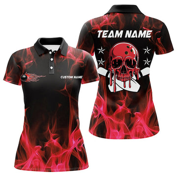 Women's Red Flame Skull Bowling Polo/Quarter-Zip Shirts I6180