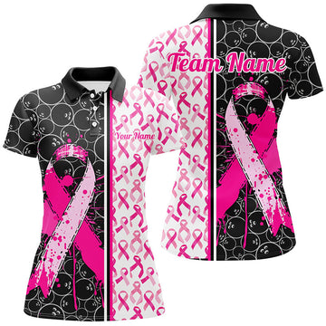 Women's Black & Pink Breast Cancer Awareness Bowling Shirt I7011