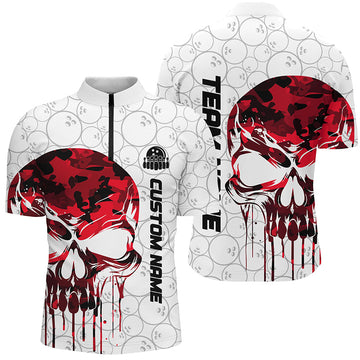 Men's Red Camo Skull Bowling Quarter Zip Shirt I5325