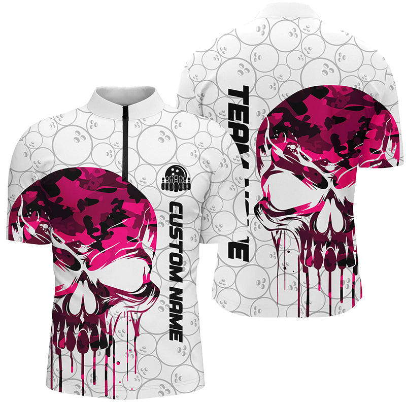 Men's Custom Pink Camo Skull Bowling Quarter Zip Shirt I5328