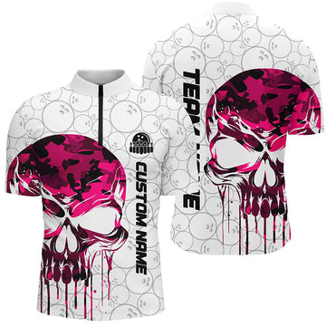 Men's Custom Pink Camo Skull Bowling Quarter Zip Shirt I5328