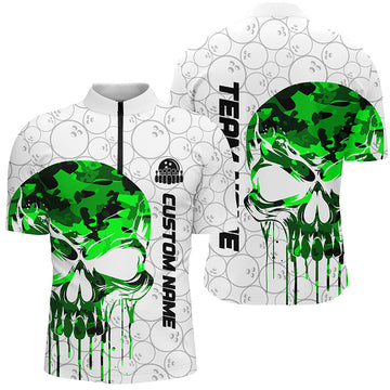 Men's Green Camo Skull Bowling Quarter Zip Shirt I5329