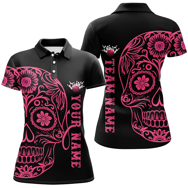 Pink Sugar Skull Tattoo Ladies Bowling Polo Shirt I6711