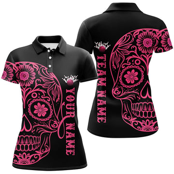 Pink Sugar Skull Tattoo Ladies Bowling Polo Shirt I6711
