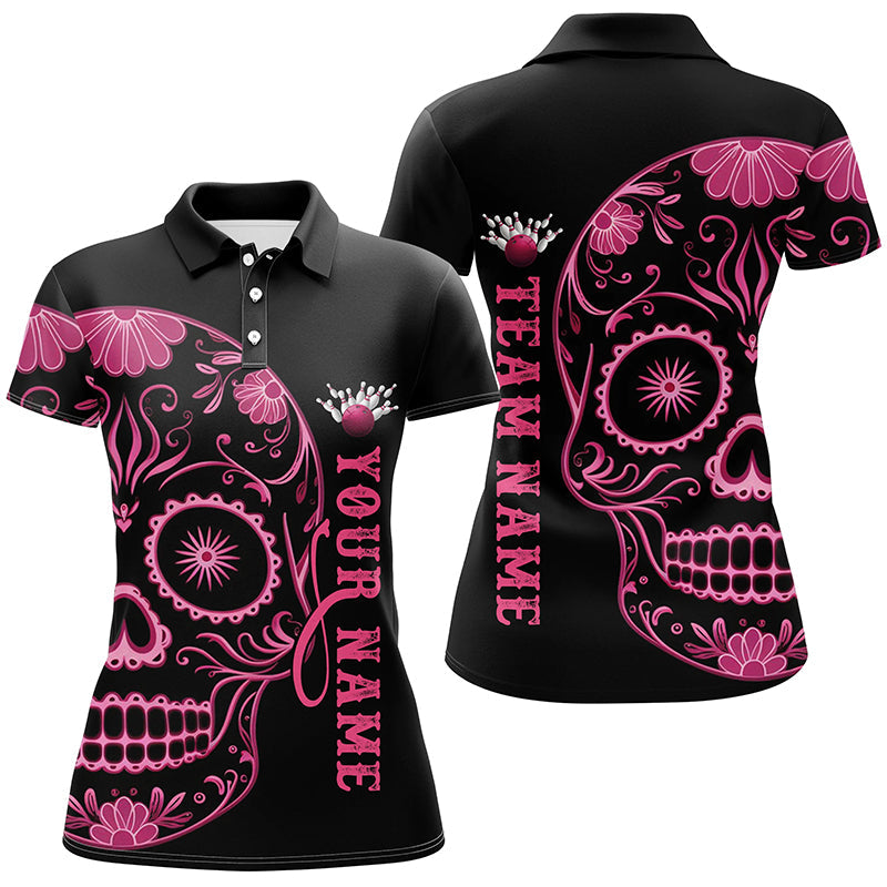 Pink Sugar Skull Tattoo Ladies Bowling Polo Shirt I6712
