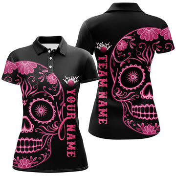 Pink Sugar Skull Tattoo Ladies Bowling Polo Shirt I6712