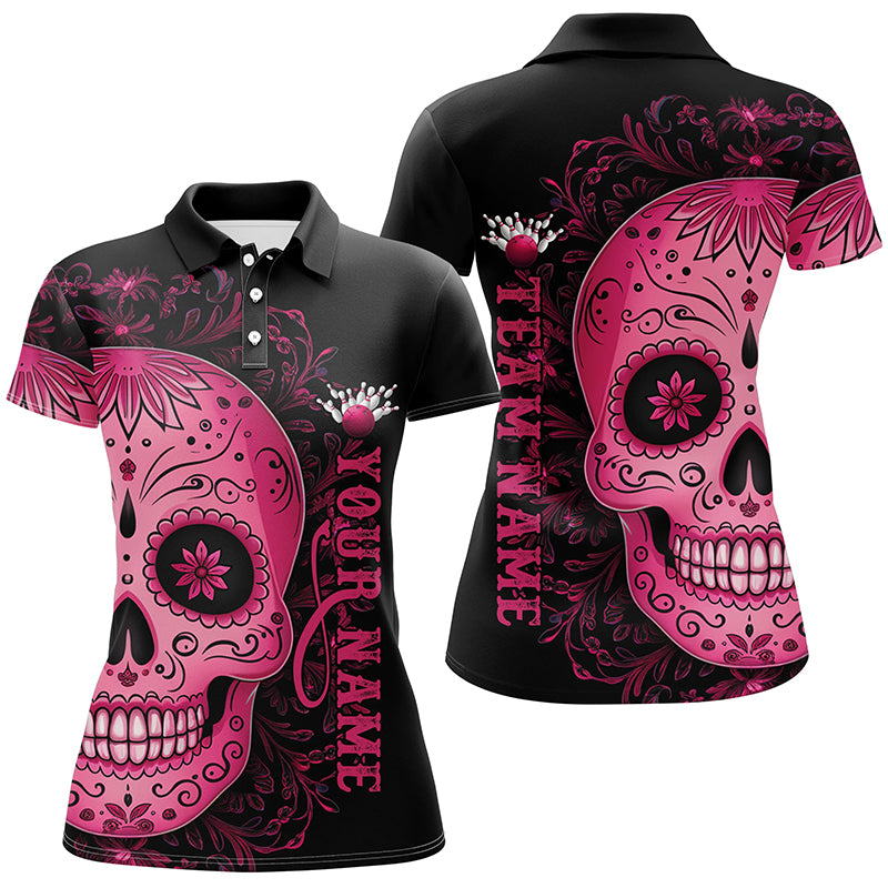 Pink Sugar Skull Tattoo Ladies Bowling Polo Shirt I6713