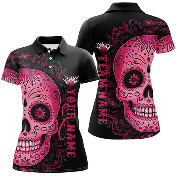 Pink Sugar Skull Tattoo Ladies Bowling Polo Shirt I6713