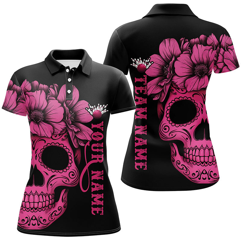 Pink Sugar Skull Tattoo Ladies Bowling Polo Shirt I6714