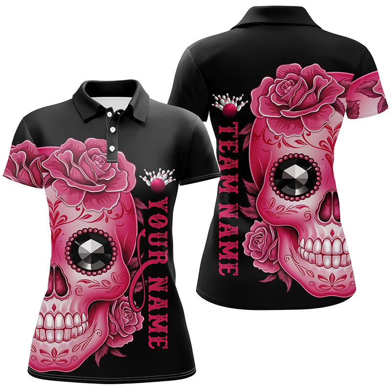 Pink Sugar Skull Tattoo Ladies Bowling Polo Shirt I6715
