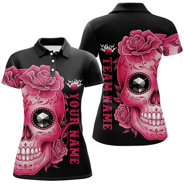 Pink Sugar Skull Tattoo Ladies Bowling Polo Shirt I6715